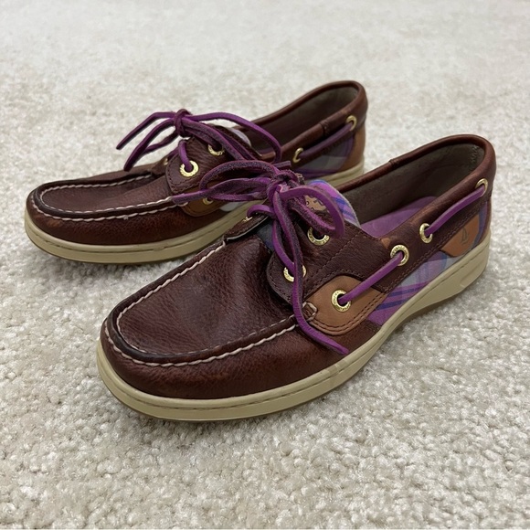 Sperry Shoes - Sperry Women’s Bluefish 5M Purple Plaid 2-Eye Boat Shoe Top Sider Brown Leather,